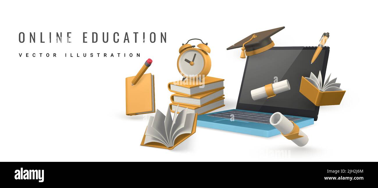 Concetto di formazione online. Computer portatile con libri, matita, sveglia, cappuccio di graduazione e diploma. Illustrazione vettoriale. Illustrazione Vettoriale