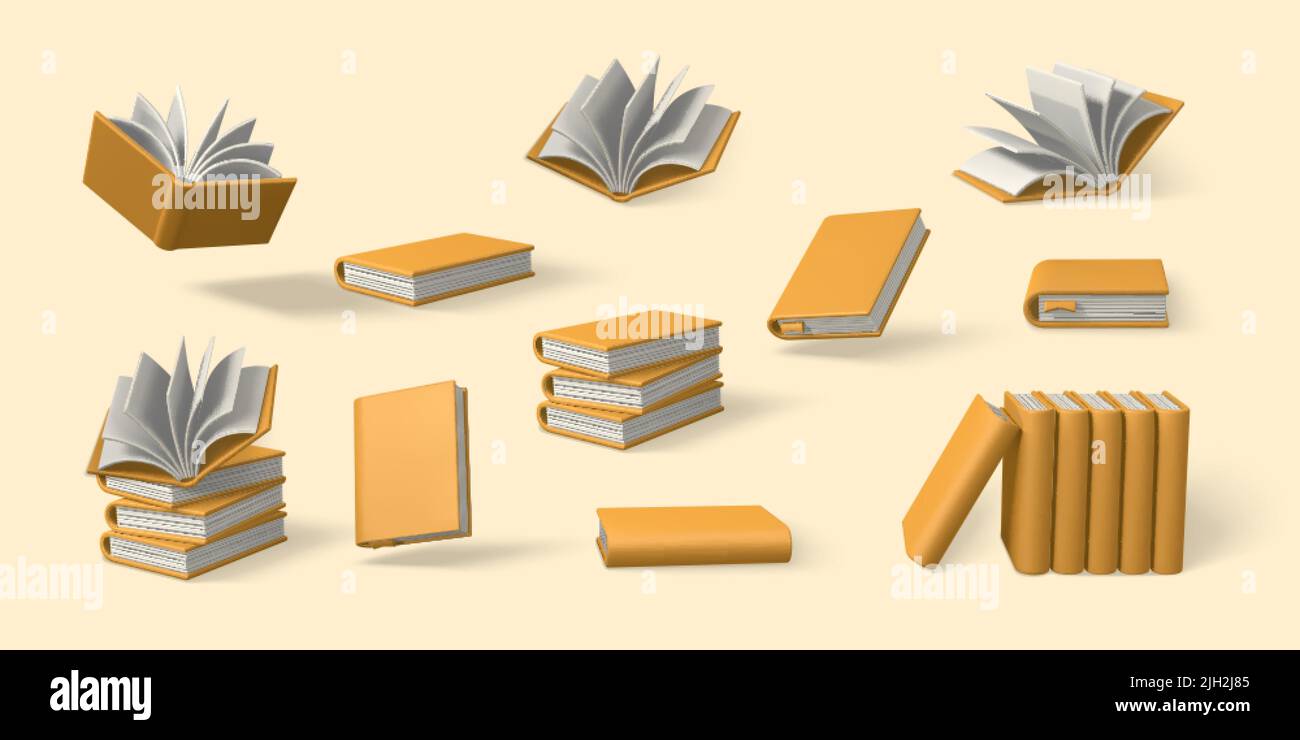 Set di 3D carini libri cartoni animati. Libri realistici con shaddow. Formazione e concetto di classe online. Illustrazione vettoriale. Illustrazione Vettoriale