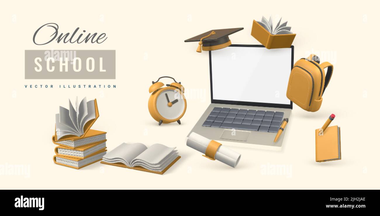 Concetto di scuola online. Computer portatile con libri, matita, sveglia, cappuccio di graduazione e diploma. Illustrazione vettoriale. Illustrazione Vettoriale