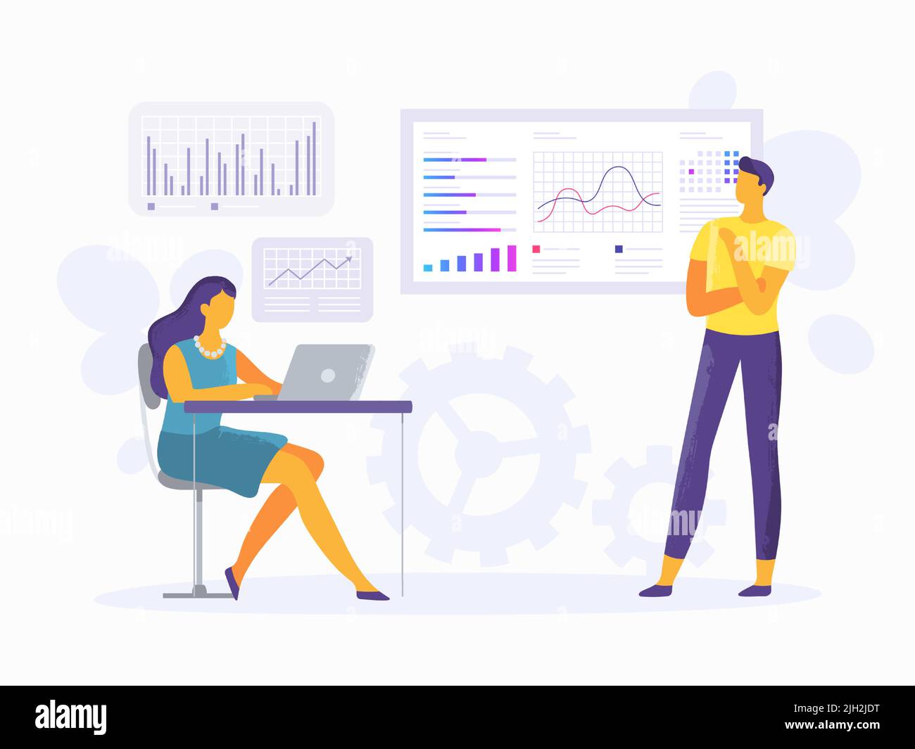 Previsioni di mercato. Dipendenti che analizzano i dati, donna seduta alla scrivania con notebook, uomo che guarda un grafico con tendenze Illustrazione Vettoriale