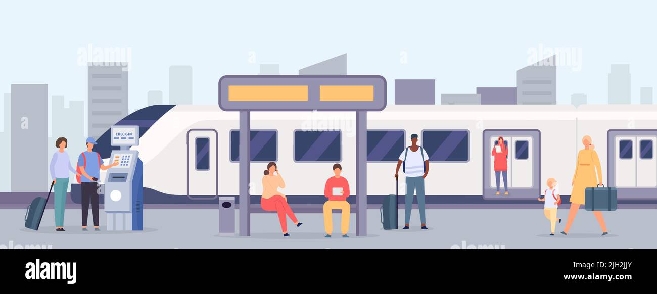 Persone alla stazione. Personaggi femminili e maschili con bagagli in attesa di trasporto alla stazione ferroviaria. Persone che viaggiano Illustrazione Vettoriale