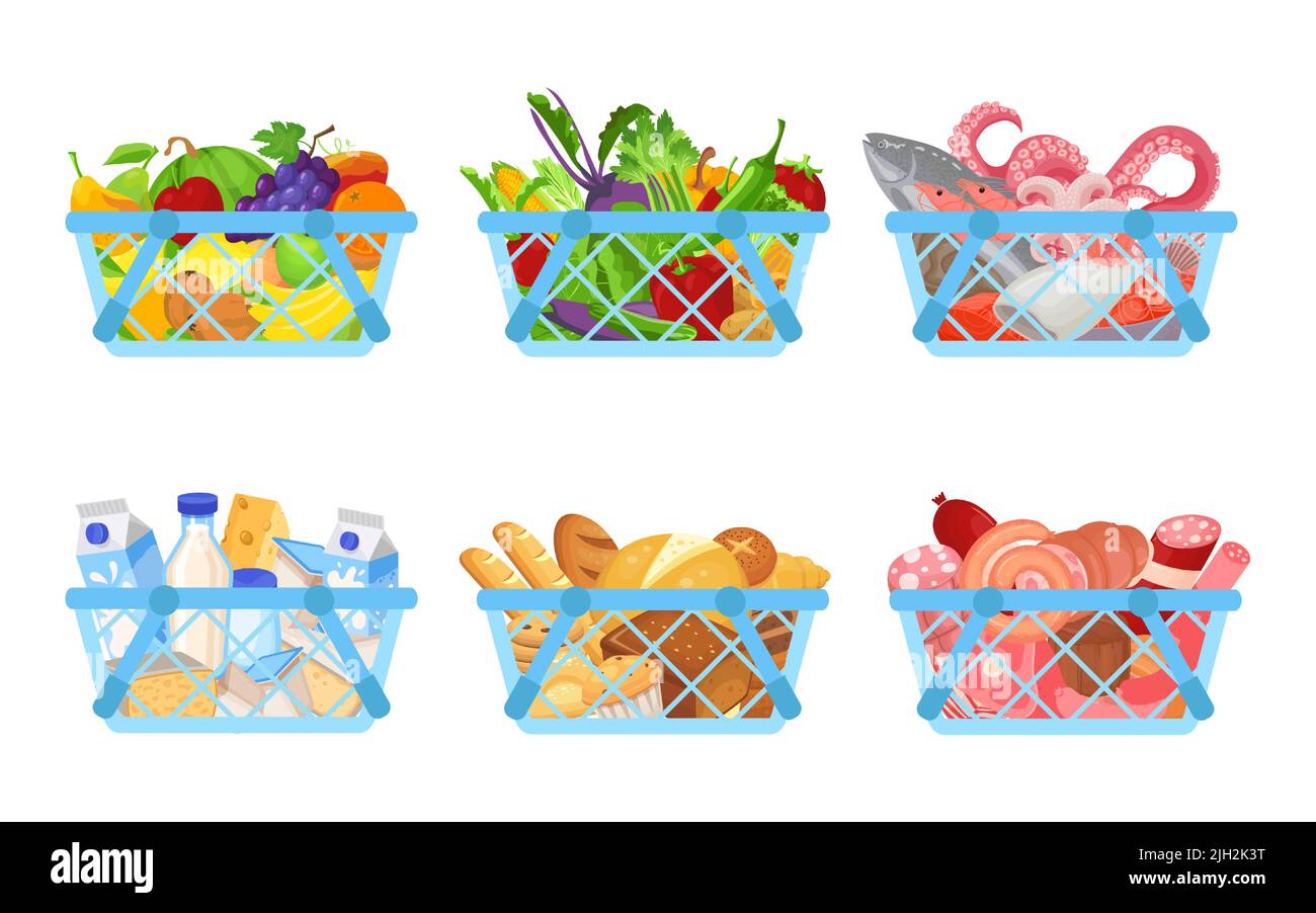 Set di cestini per lo shopping pieni di prodotti come frutta, verdura, frutti di mare, diario e prodotti da forno, carne Illustrazione Vettoriale