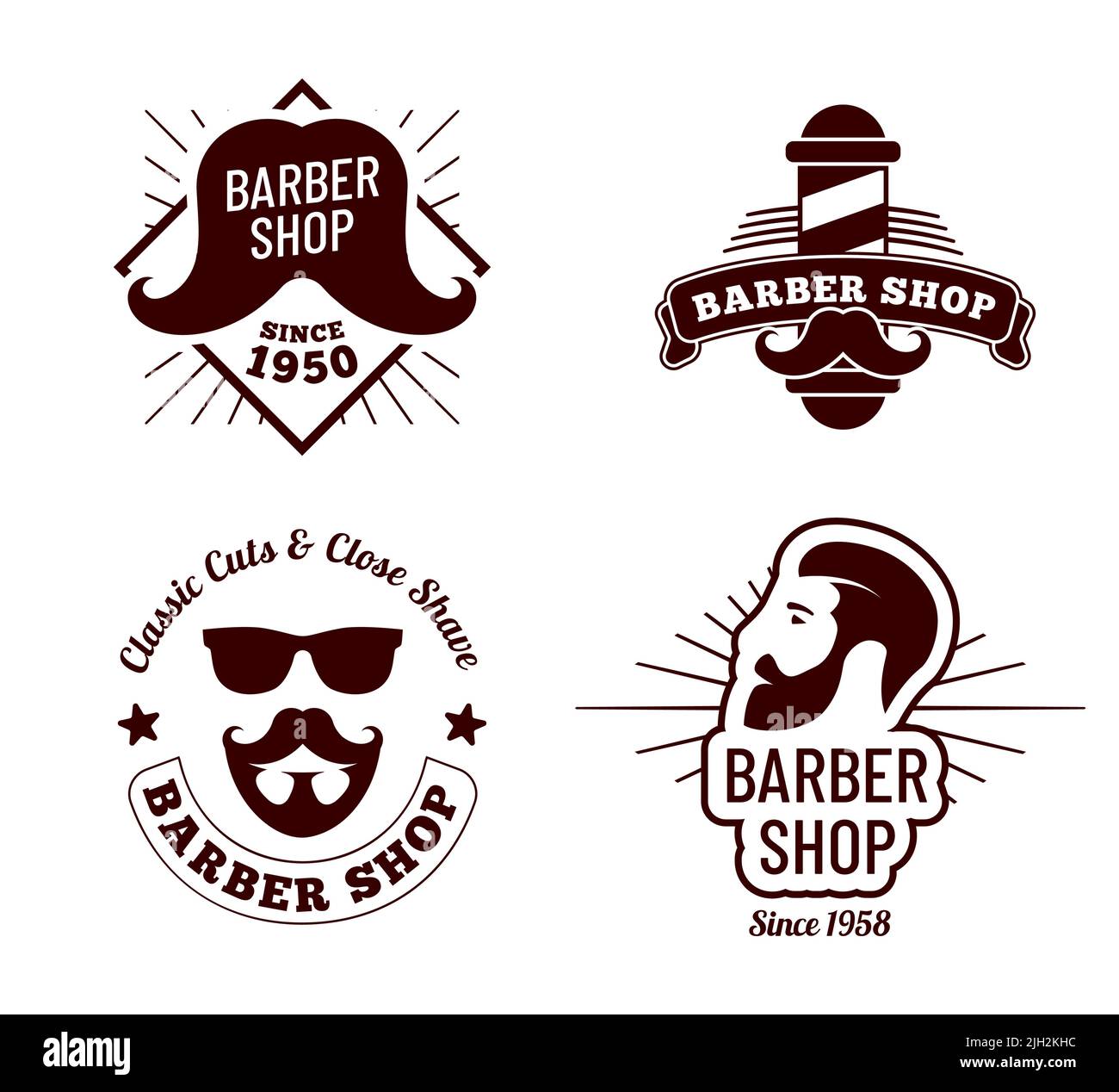 Badge vintage per barbiere. Salone per Signore taglio di capelli vecchio segno. Viso maschile con baffi hipster o logotipo della barba Illustrazione Vettoriale