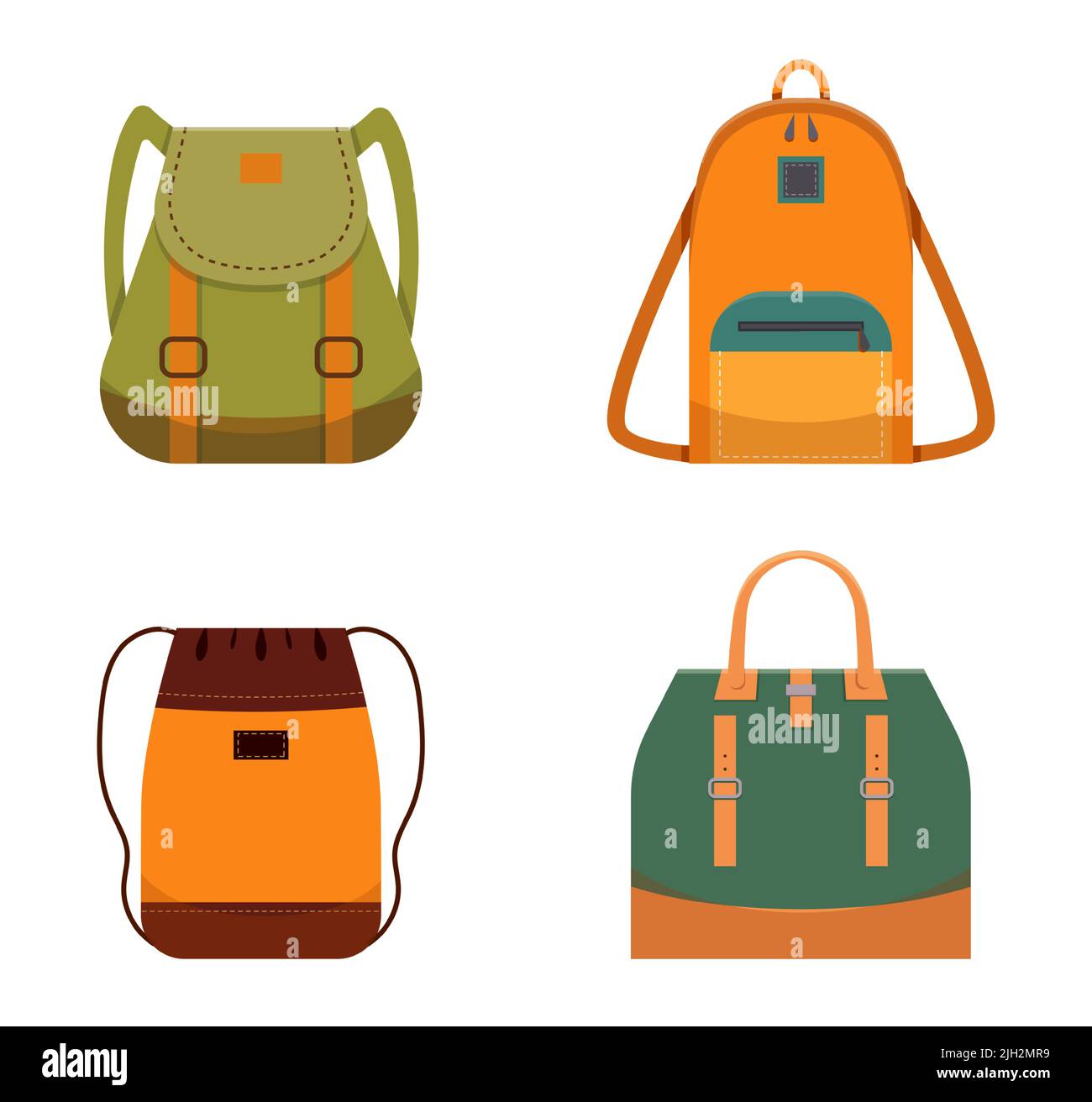 Borse casual donna in pelle, zaini alla moda per il lavoro, la scuola o viaggi. Accessori turistici moderni di diverse tipologie Illustrazione Vettoriale