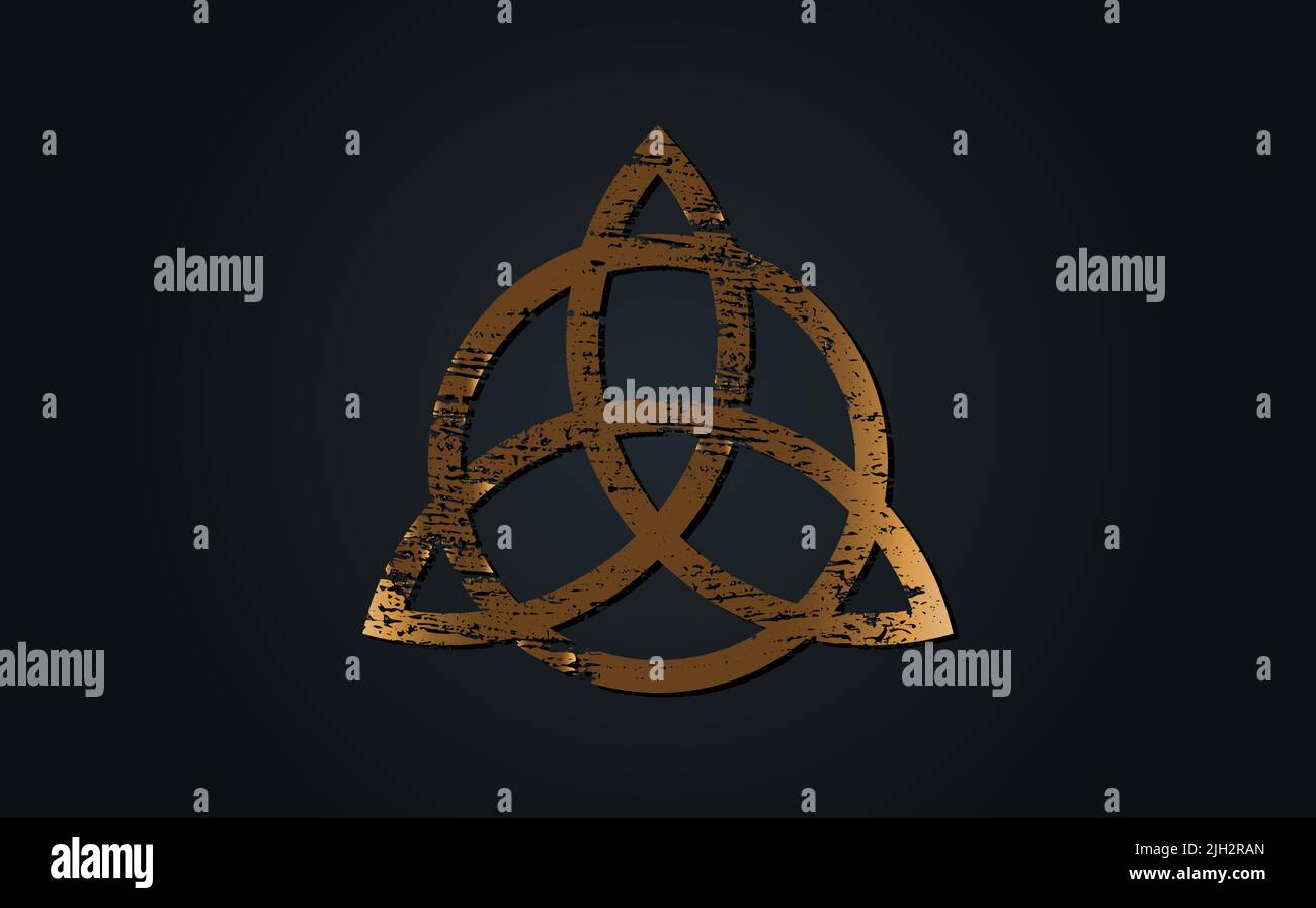Oro Antica Triquetra, Trinity Knot, simbolo di Wiccan per la protezione. Grunge Celtic vecchio segno. Simbolo di divinazione Wiccan, simboli occulti, geometria sacra Illustrazione Vettoriale