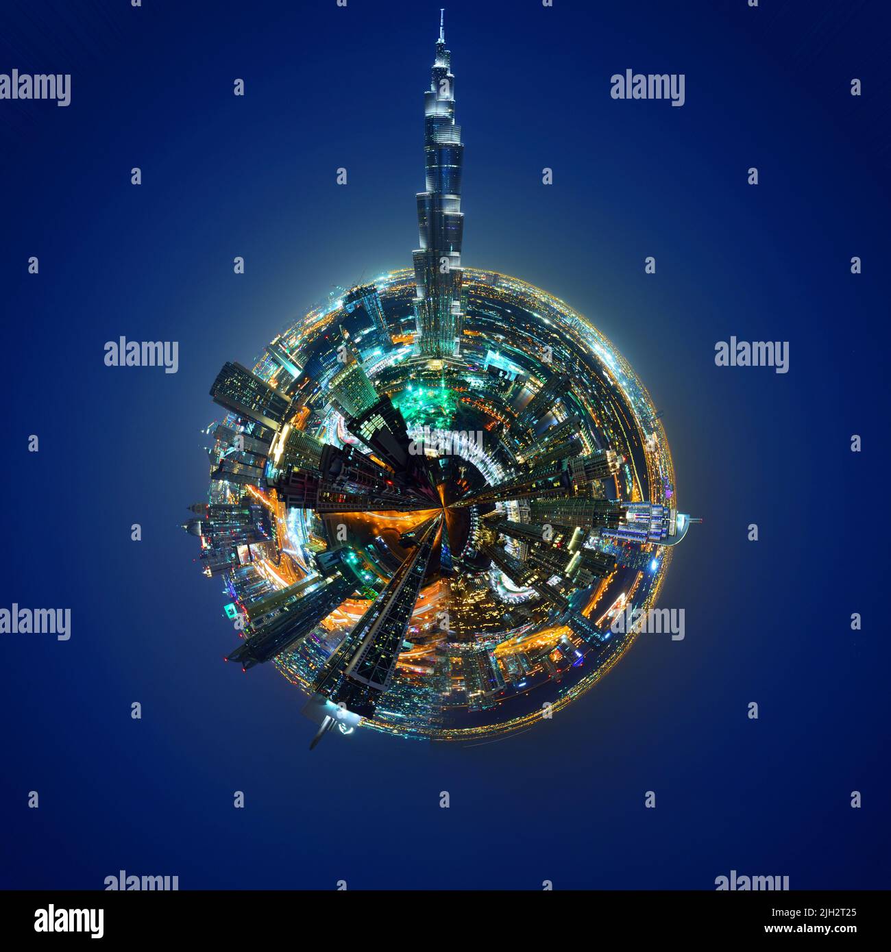 Foto a 360 gradi a forma di globo della sklyine di Dubai, Emirati Arabi Uniti Foto Stock