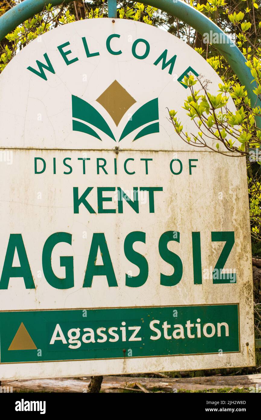 Benvenuto a Agassiz segno in Agassiz, British Columbia, Canada Foto Stock