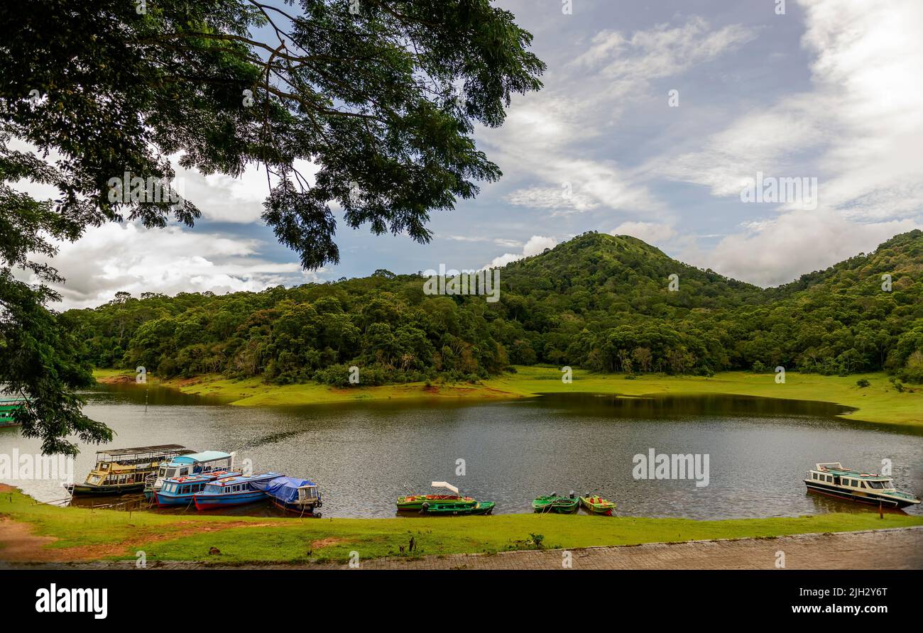 Vista panoramica del lago Thekkady in Kerala, India Foto Stock
