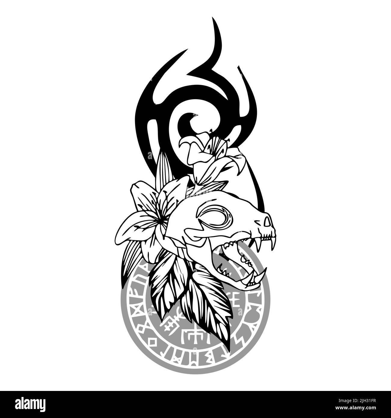 disegno tatuaggio con cranio gatto, fiori di giglio, piume e casco scandinavo horror simbolo, design Foto Stock