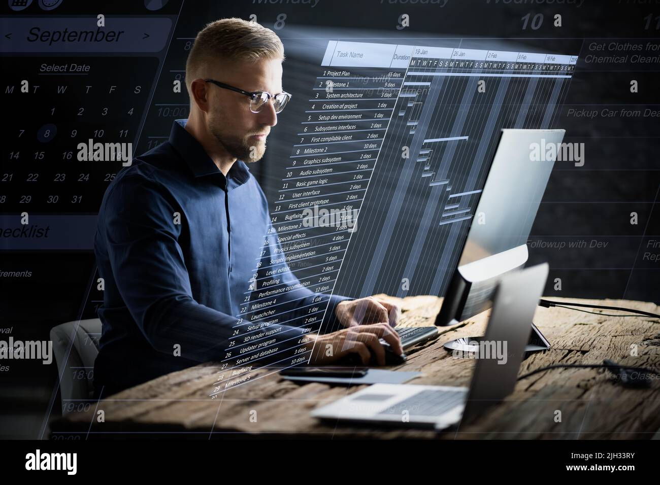 Progetto software Gantt Gantt e calendario digitale Foto Stock