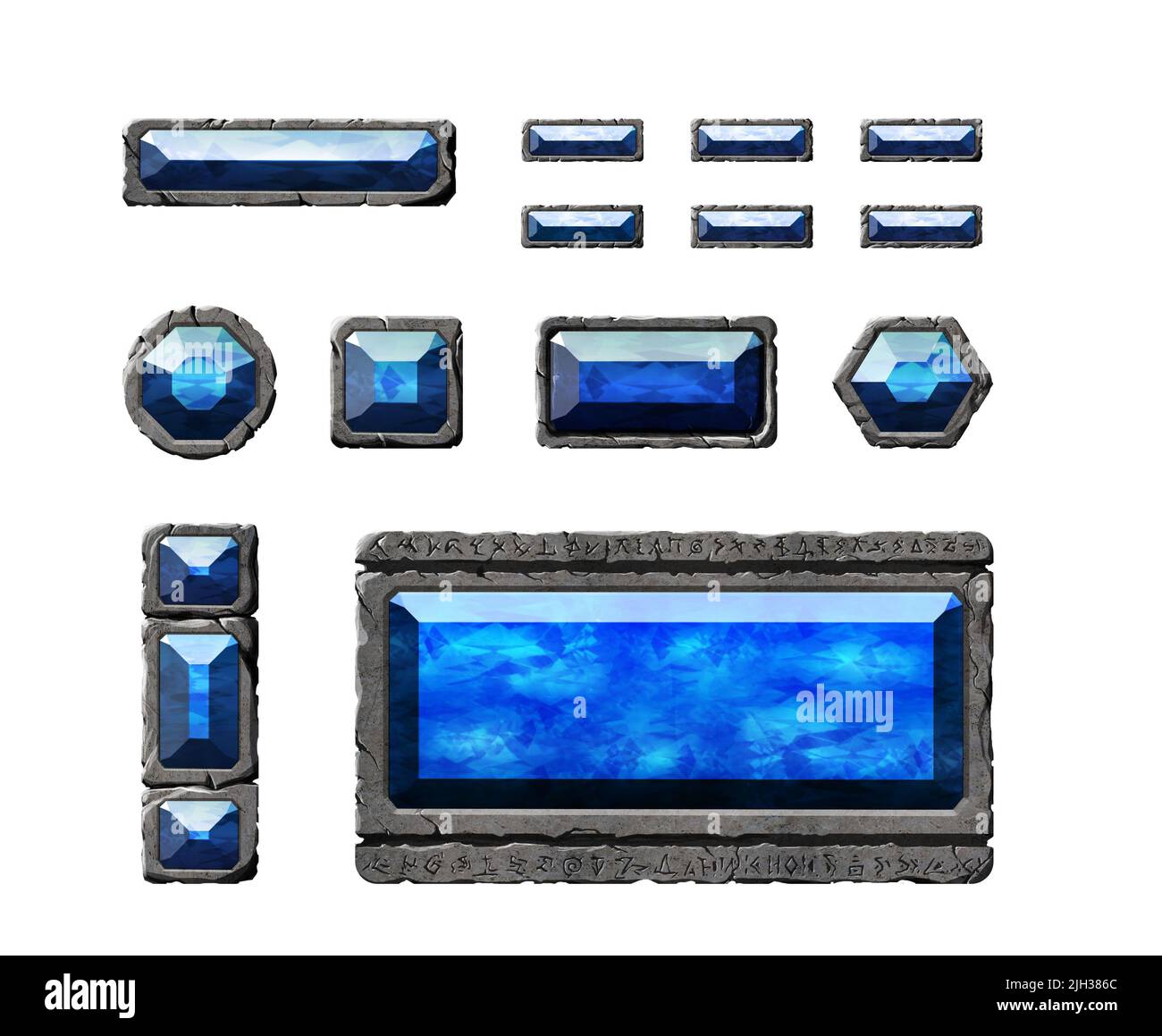 Un set di pulsanti di interfaccia in pietra realistici ed elementi fantasy con gemme. Compresse e pannelli testurizzati. Foto Stock