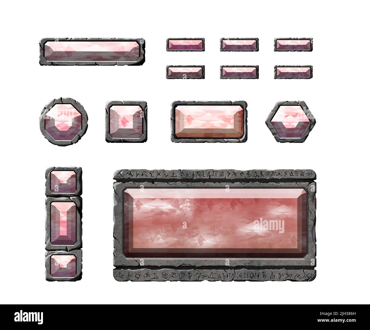 Un set di pulsanti di interfaccia in pietra realistici ed elementi fantasy con gemme. Compresse e pannelli testurizzati. Foto Stock