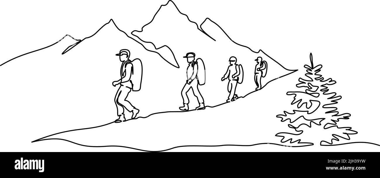 Gruppo di viaggiatori escursioni in montagna. Disegno a linea singola moderno disegno vettoriale disegno a linea singola continuo Illustrazione Vettoriale