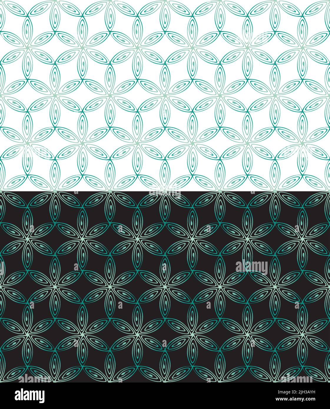 Copertina in stile Doodle, motivo ornamentale senza cuciture astratto, griglia esagonale. Pennello disegno a mano forma di swirl, toni verdi, colore sfumato smeraldo Illustrazione Vettoriale