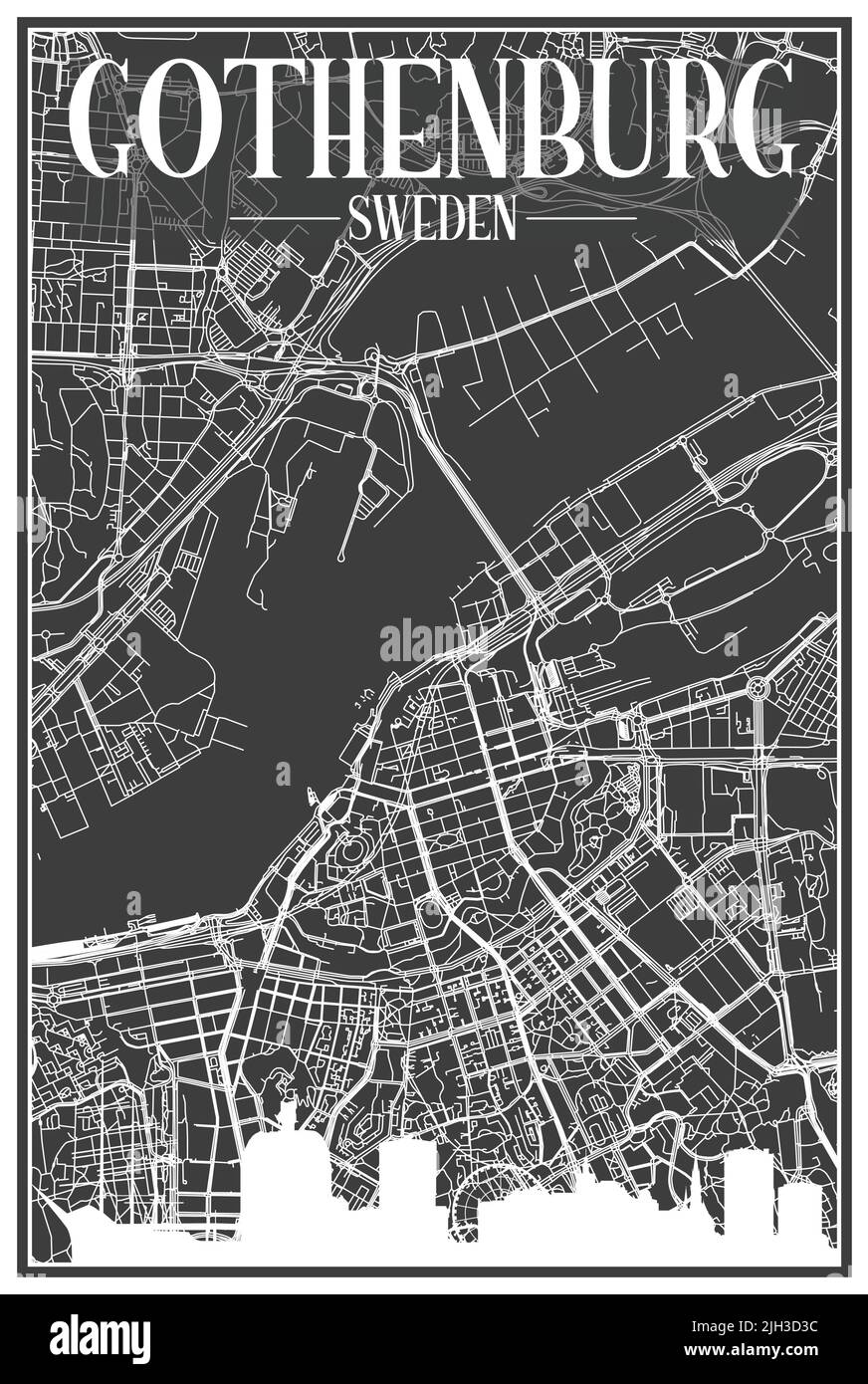 Stampa scura poster della città con skyline panoramico e rete di strade disegnate a mano su sfondo grigio scuro del centro DI GOTEBORG (GOTEBORG), SVEZIA Illustrazione Vettoriale