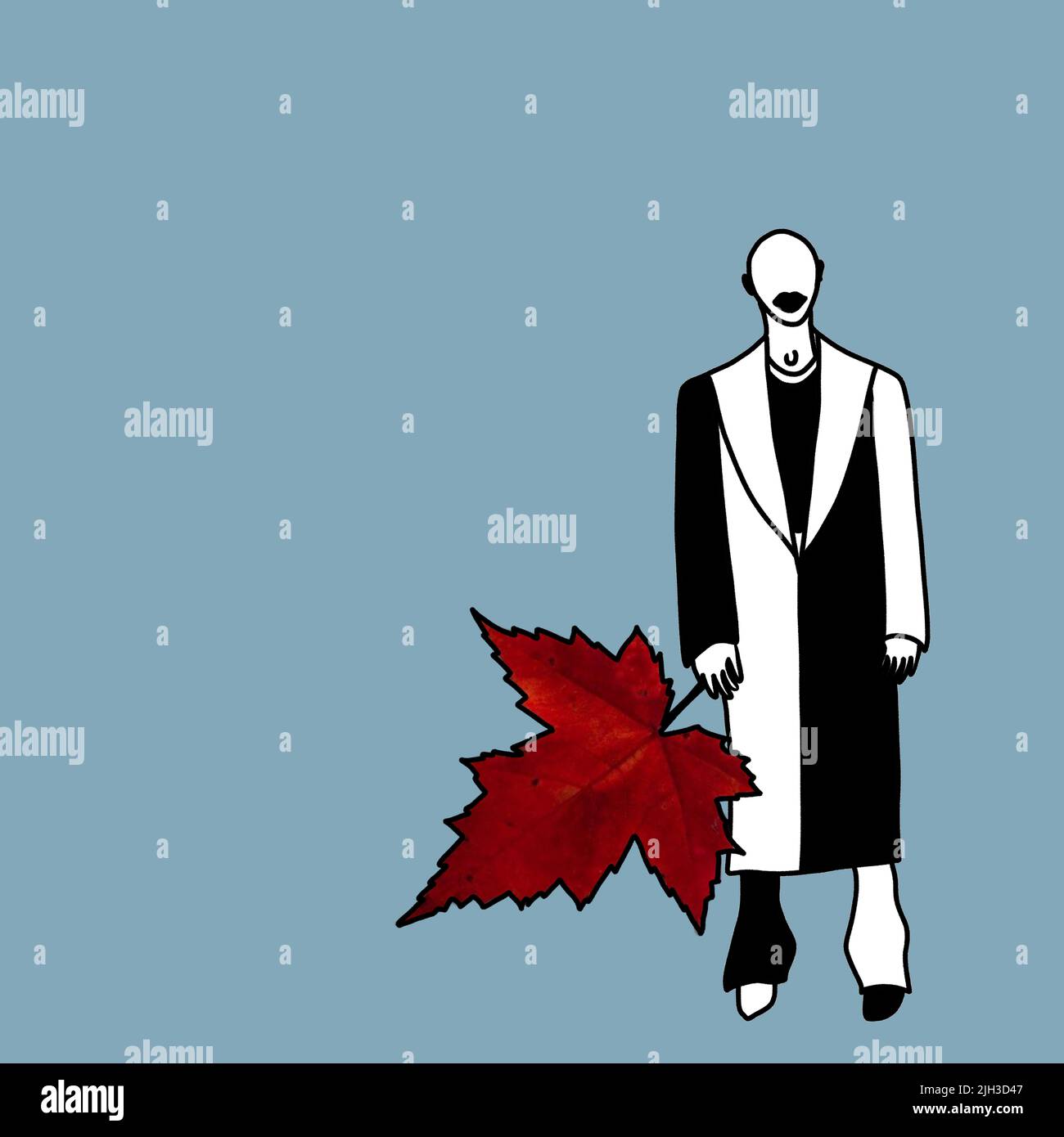 Una foglia di acero rosso da un albero nelle mani di un uomo alla moda bianco e nero senza un volto come simbolo di autunno, stile ottobre Foto Stock