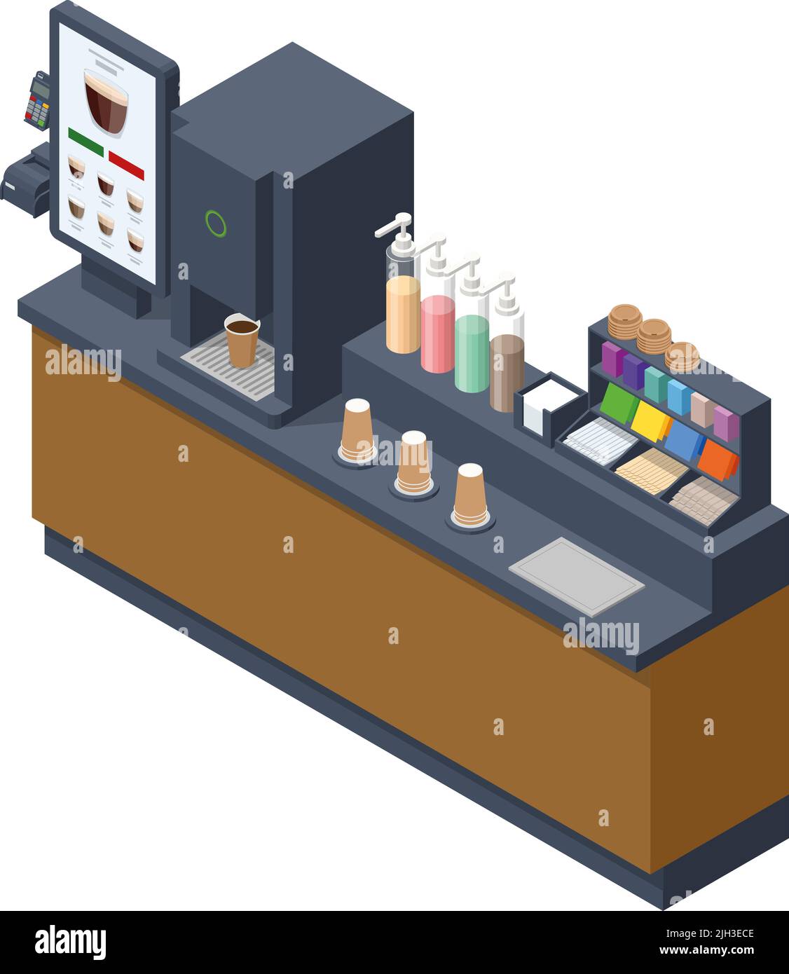 Le macchine da caffè isometriche self-service offrono caffè di qualità costante. Distributore automatico di caffè al supermercato. Illustrazione Vettoriale