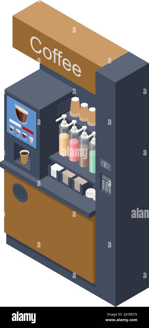 Le macchine da caffè isometriche self-service offrono caffè di qualità costante. Distributore automatico di caffè al supermercato. Illustrazione Vettoriale