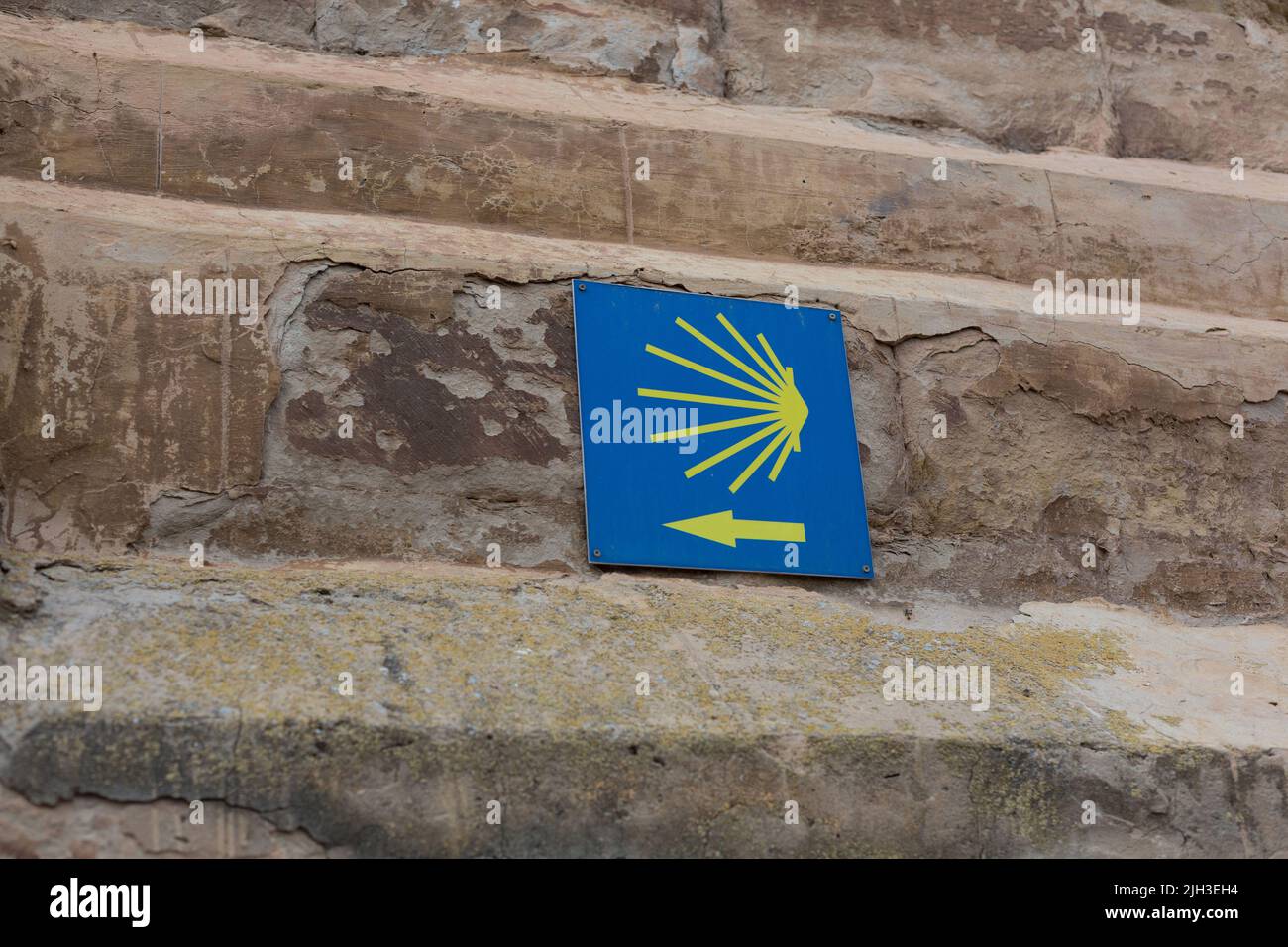 Simbolo del Camino de Santiago, che indica la direzione da seguire. Foto Stock