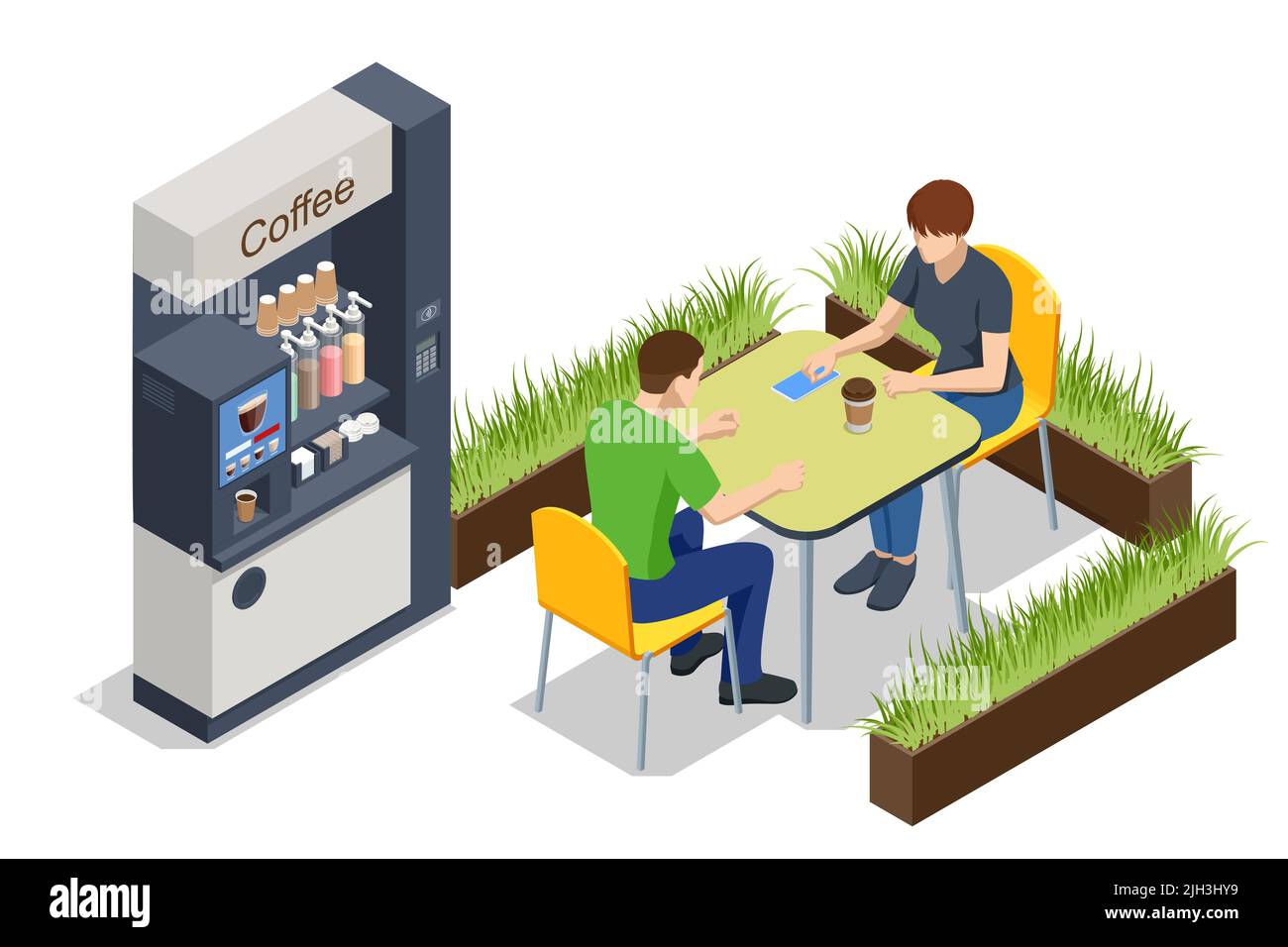 Le macchine da caffè isometriche self-service offrono caffè di qualità costante. Distributore automatico di caffè al supermercato, tavoli con sedie. Illustrazione Vettoriale