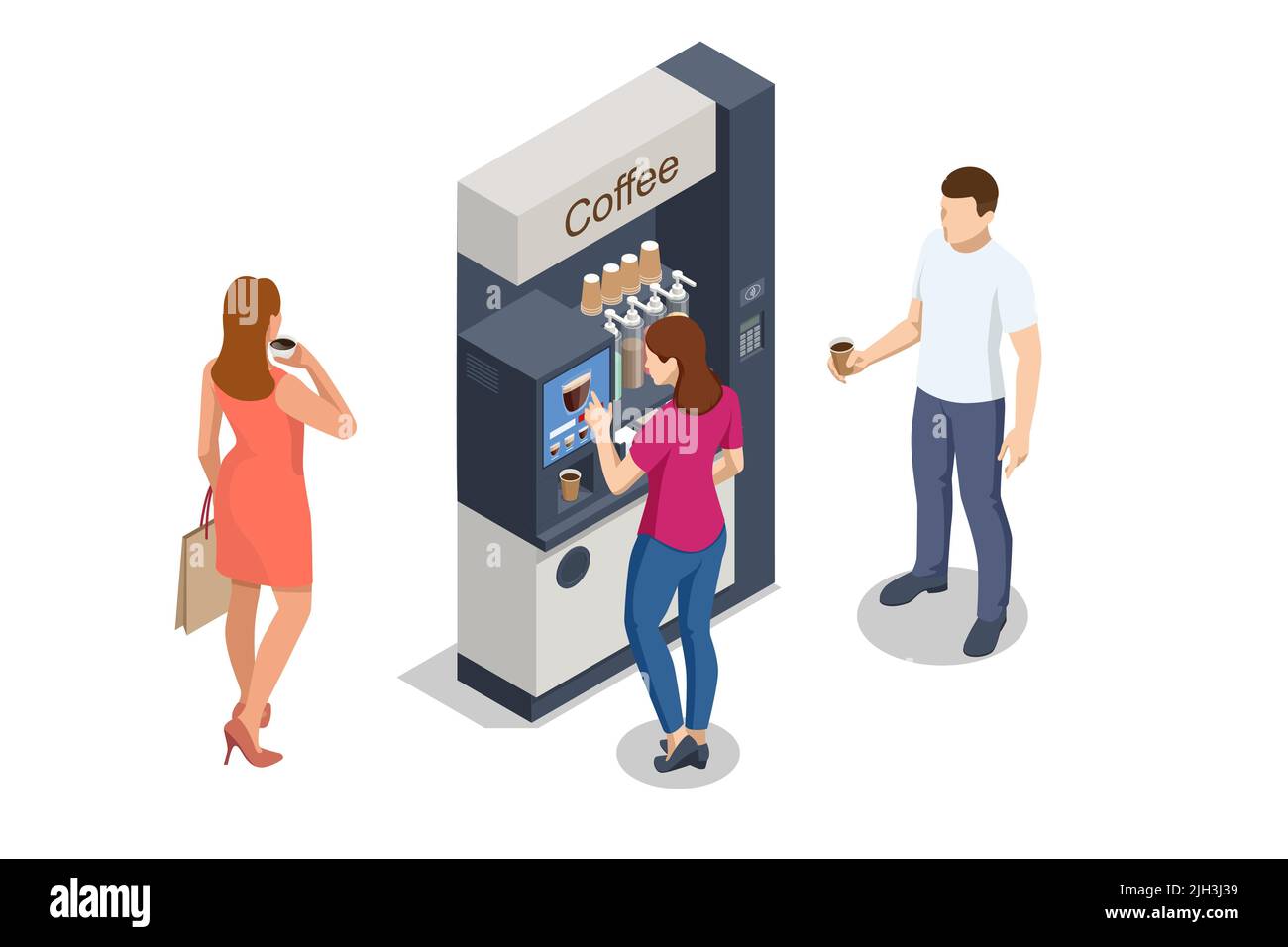 Le macchine da caffè isometriche self-service offrono caffè di qualità costante. Distributore automatico di caffè al supermercato. Illustrazione Vettoriale