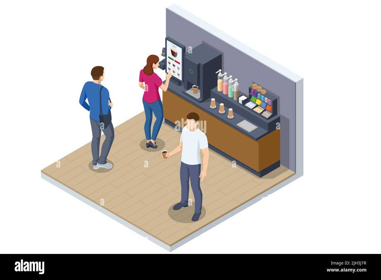 Le macchine da caffè isometriche self-service offrono caffè di qualità costante. Distributore automatico di caffè al supermercato. Illustrazione Vettoriale