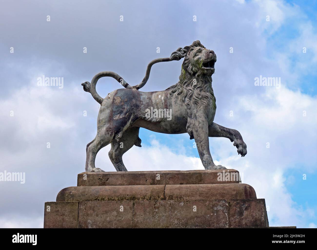 Statua del Leone britannico su zoccolo, giardino a Dunham Massey NT, National Trust, Cheshire - emblema di famiglia dei Greys Foto Stock