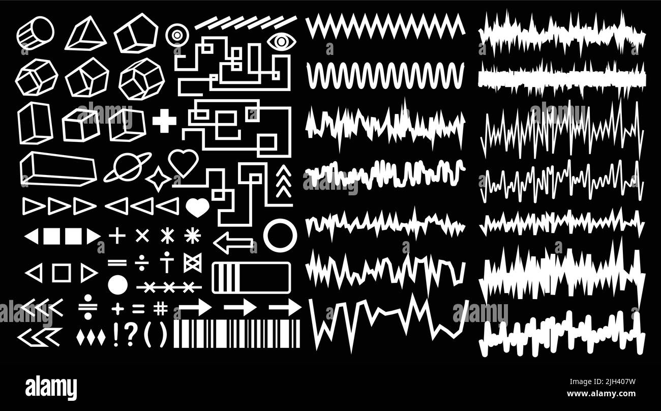 Raccolta di elementi di forma geometrica semplice di brutalismo. Una serie di forme e trame di base acida diverse per i modelli. Moderno stile memphis. Digitale Illustrazione Vettoriale