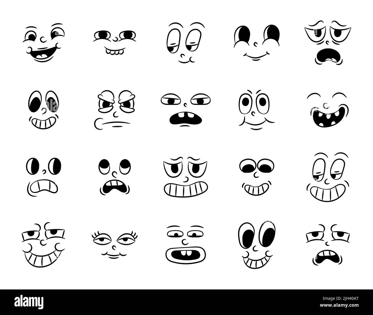 Collezione di vecchi cartoni animati tradizionali retrò. Vintage volti di persone con diverse emozioni del 20s 30s. Espressioni di carattere emoji 50s Illustrazione Vettoriale