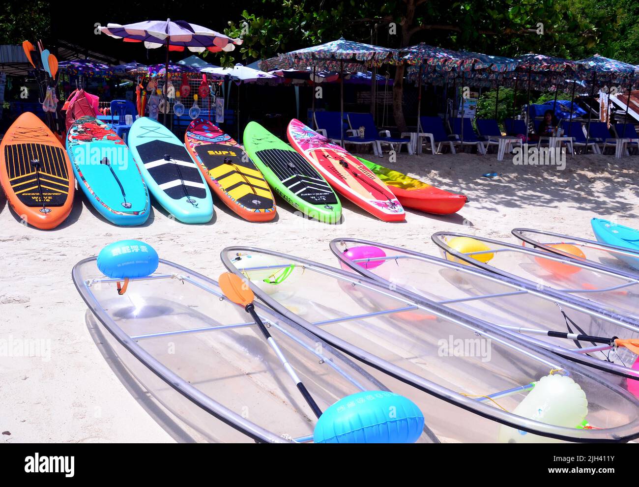 Pagaia tavole e vedere attraverso canoe di plastica attendere di essere affittato a Tien Beach sull'isola di Koh Larn, Thailandia, Asia. Foto Stock