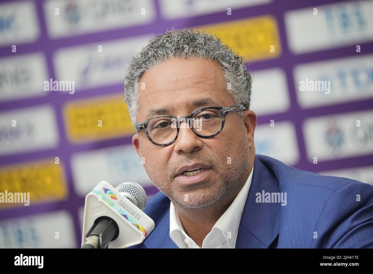 Eugene, Stati Uniti. 14th luglio 2022. Max Siegel, presidente della National Association of Athletics Federations (USATF), parla a una conferenza stampa presso lo stadio Hayward Field, dove si tengono i campionati mondiali di atletica leggera e di atletica leggera. Credit: Michael Kappeler/dpa/Alamy Live News Foto Stock