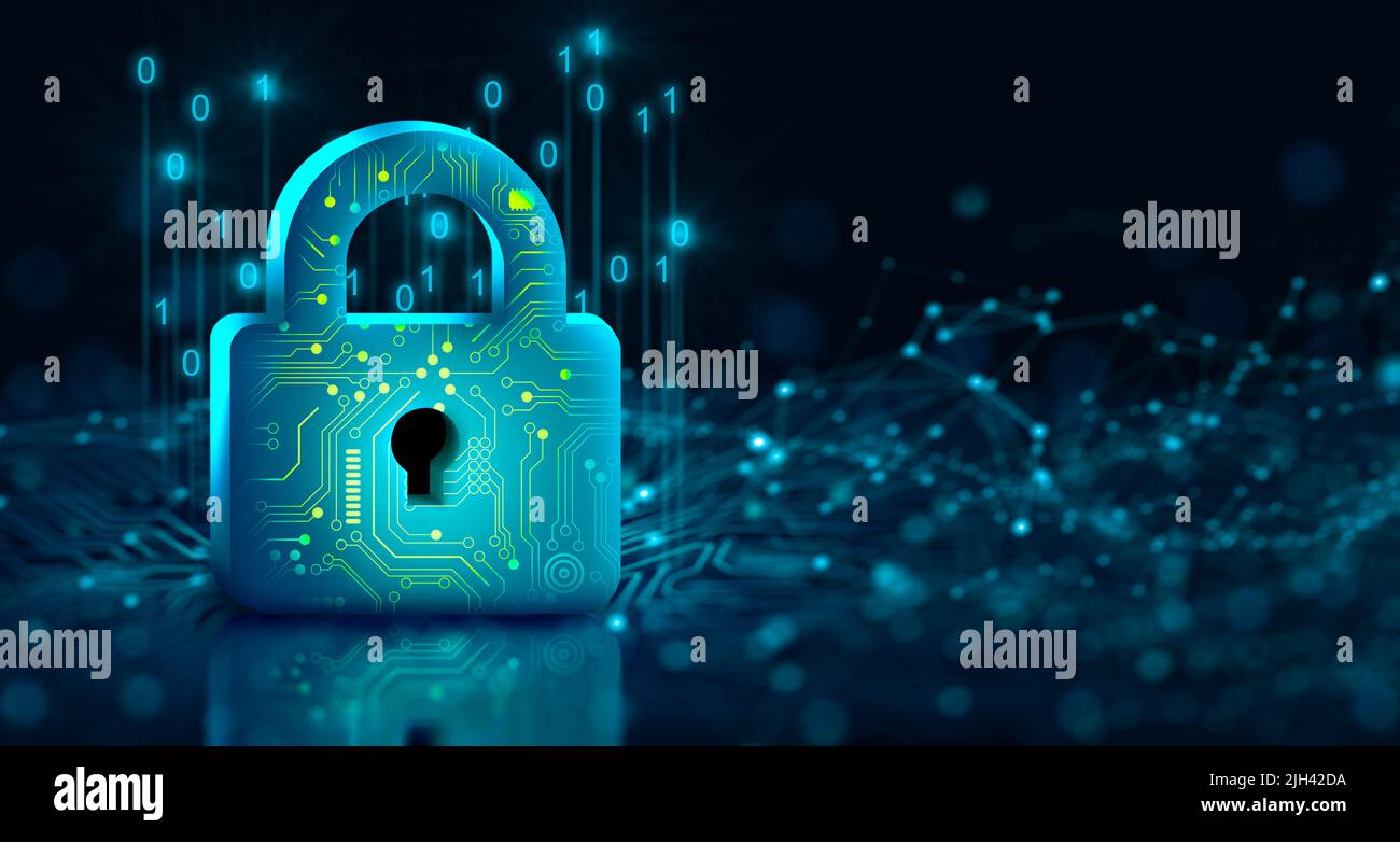 Lucchetto con Keyhole in sicurezza dei dati sul punto di convergenza del circuito. Privacy dei dati informatici e delle informazioni. Sicurezza tecnologica futura. Foto Stock