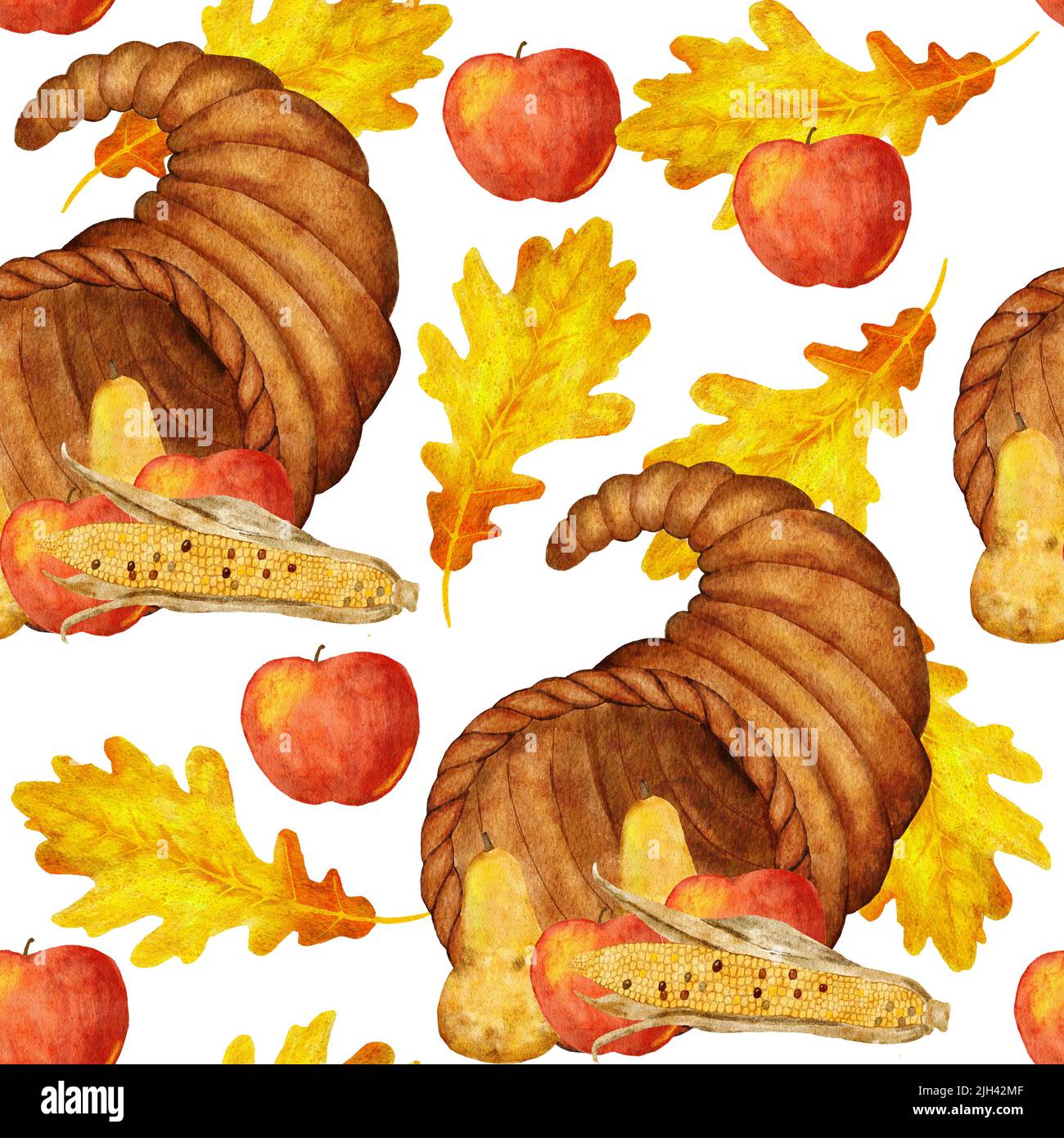 Acquerello disegno a mano senza cuciture con fieno di mais Thanksgiving corno, frutta mele pere mais foglie di quercia. Autunno autunno raccolto fattoria cottage backgroung, stampa alimentare biologico Foto Stock