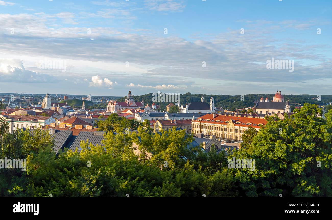 Vilnius, vista panoramica della città vecchia con skyline, chiese, Torre Gediminas durante l'estate Foto Stock