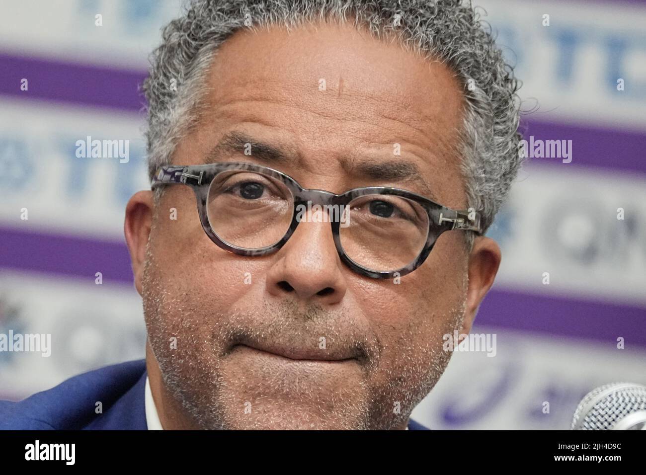 Eugene, Stati Uniti. 15th luglio 2022. Max Siegel Presidente della National Association of Athletics Federations USATF parla a una conferenza stampa allo stadio Hayward Field dove si tengono i Campionati mondiali di atletica. Credit: Michael Kappeler/dpa/Alamy Live News Foto Stock