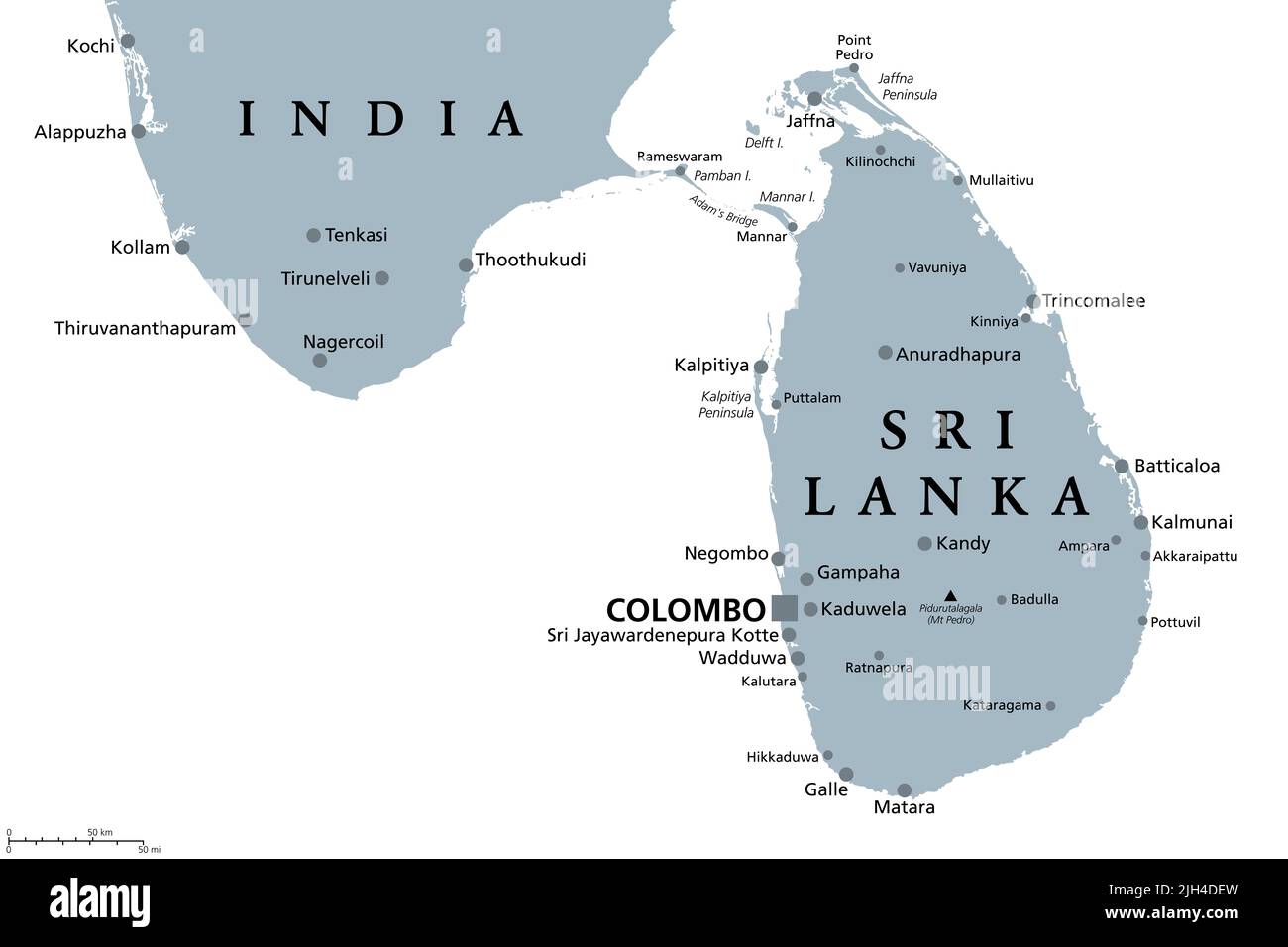 Sri Lanka e parte dell'India meridionale, mappa politica grigia. Repubblica Socialista democratica dello Sri Lanka, ex Ceylon, paese insulare dell'Asia meridionale. Foto Stock
