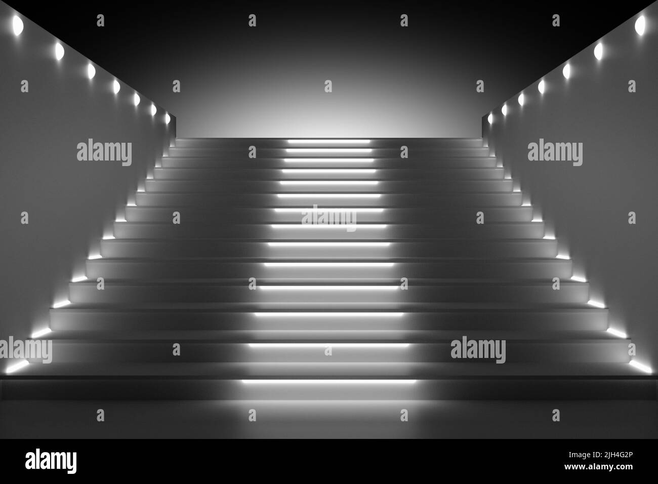 3d illustrazione. Architettura. Scala notturna illuminata che conduce allo sfondo illuminato. Foto Stock