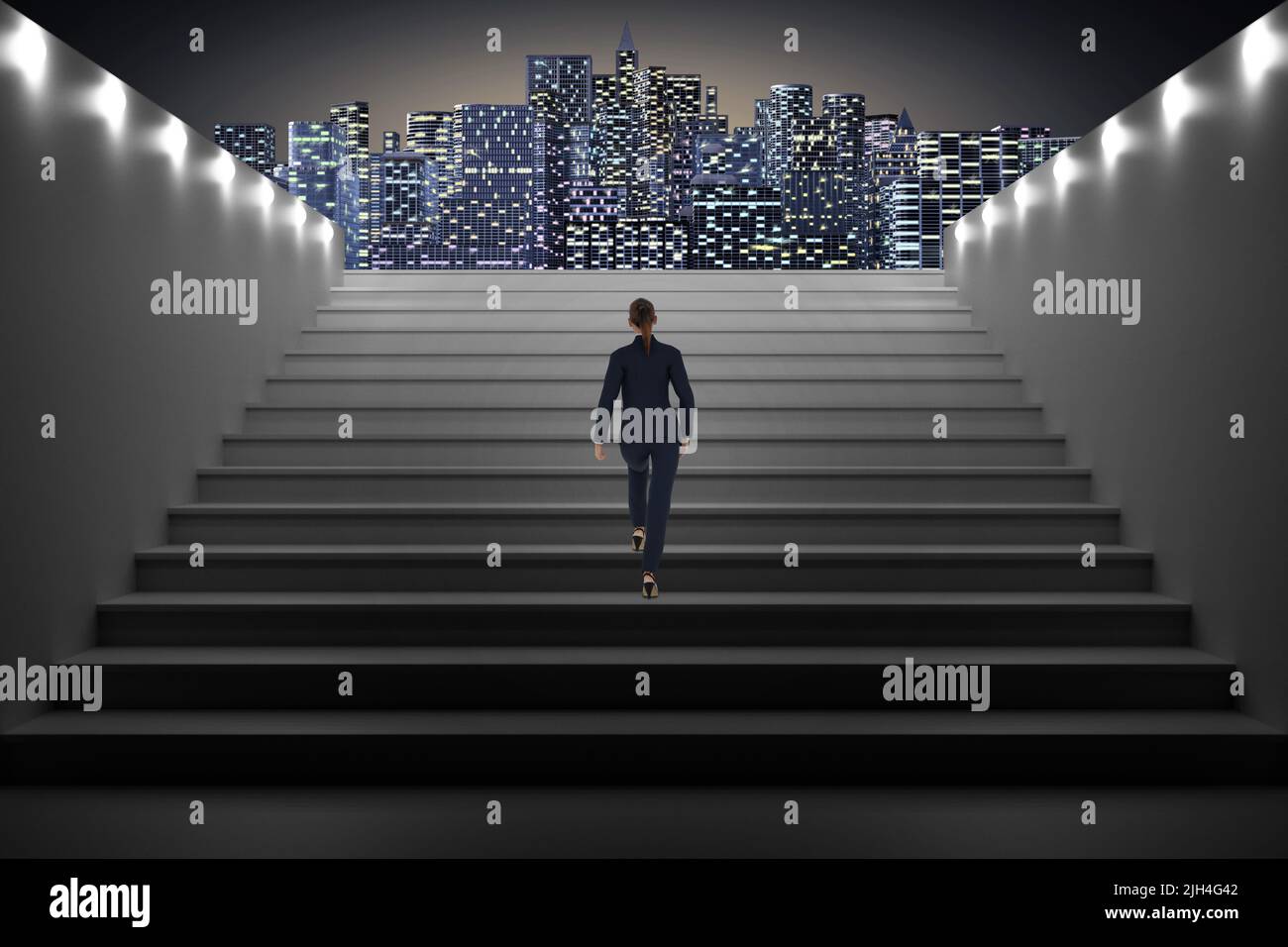 3d illustrazione. Architettura. Scala donna di notte illuminata che sale sullo sfondo della città illuminata. Foto Stock