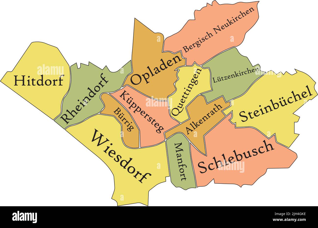 Mappa dei distretti con tag pastello di LEVERKUSEN, GERMANIA Illustrazione Vettoriale