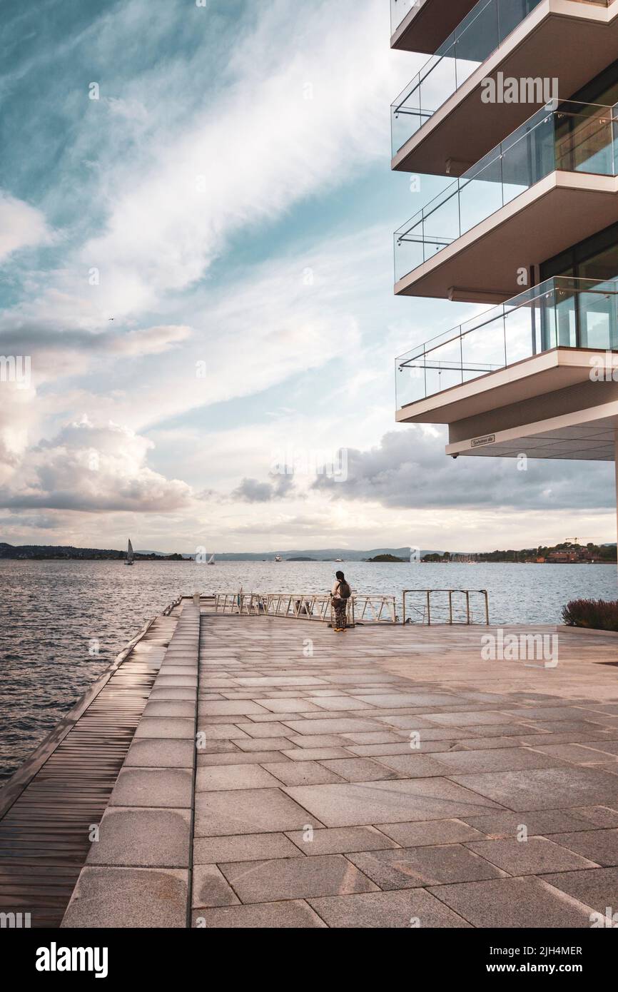 Norwegian edifici moderni in una mattina d'estate. Oslo, Ostlandet. Norwaym Foto Stock