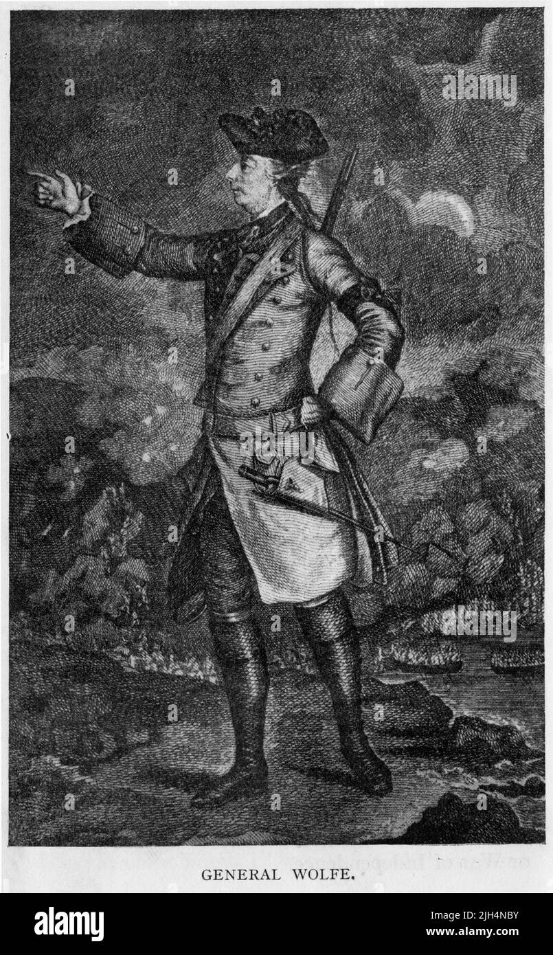 Ritratto inciso di James Wolfe (1727 – 1759) ufficiale dell'esercito britannico noto per le sue riforme di addestramento e ricordato principalmente per la sua vittoria nel 1759 sopra i francesi alla battaglia delle pianure di Abraham in Quebec come generale importante. Foto Stock