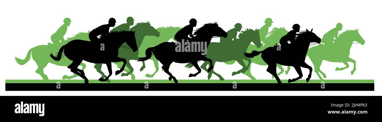 Concorso di jockey. I cavalli cavalcano velocemente. Silhouette dell'immagine. Sport e animali domestici sportivi. Isolato su sfondo bianco. Vettore Illustrazione Vettoriale