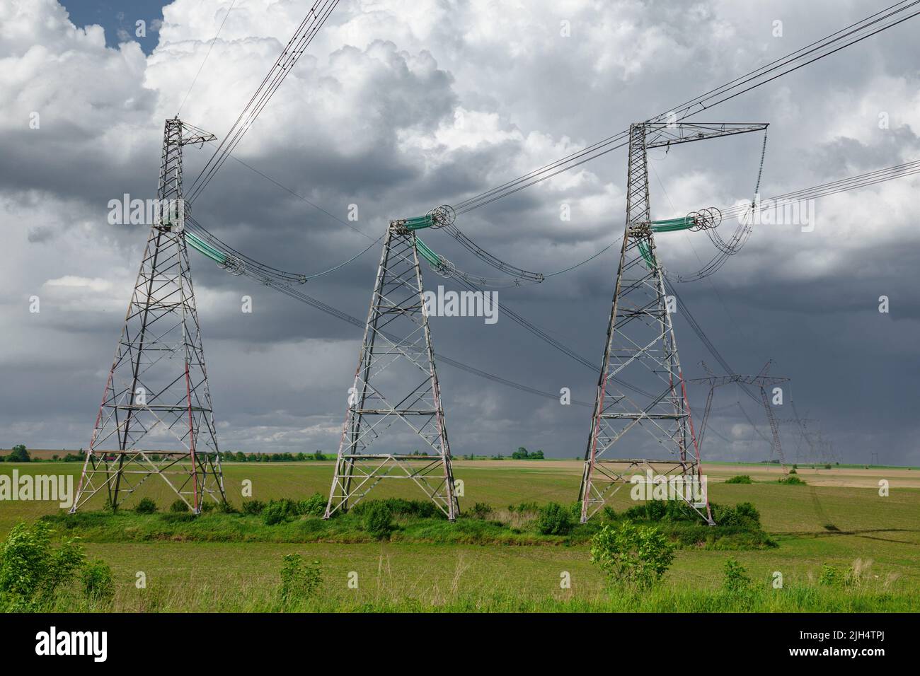 Poli di linea ad alta tensione sul campo rurale in Ucraina. Foto Stock