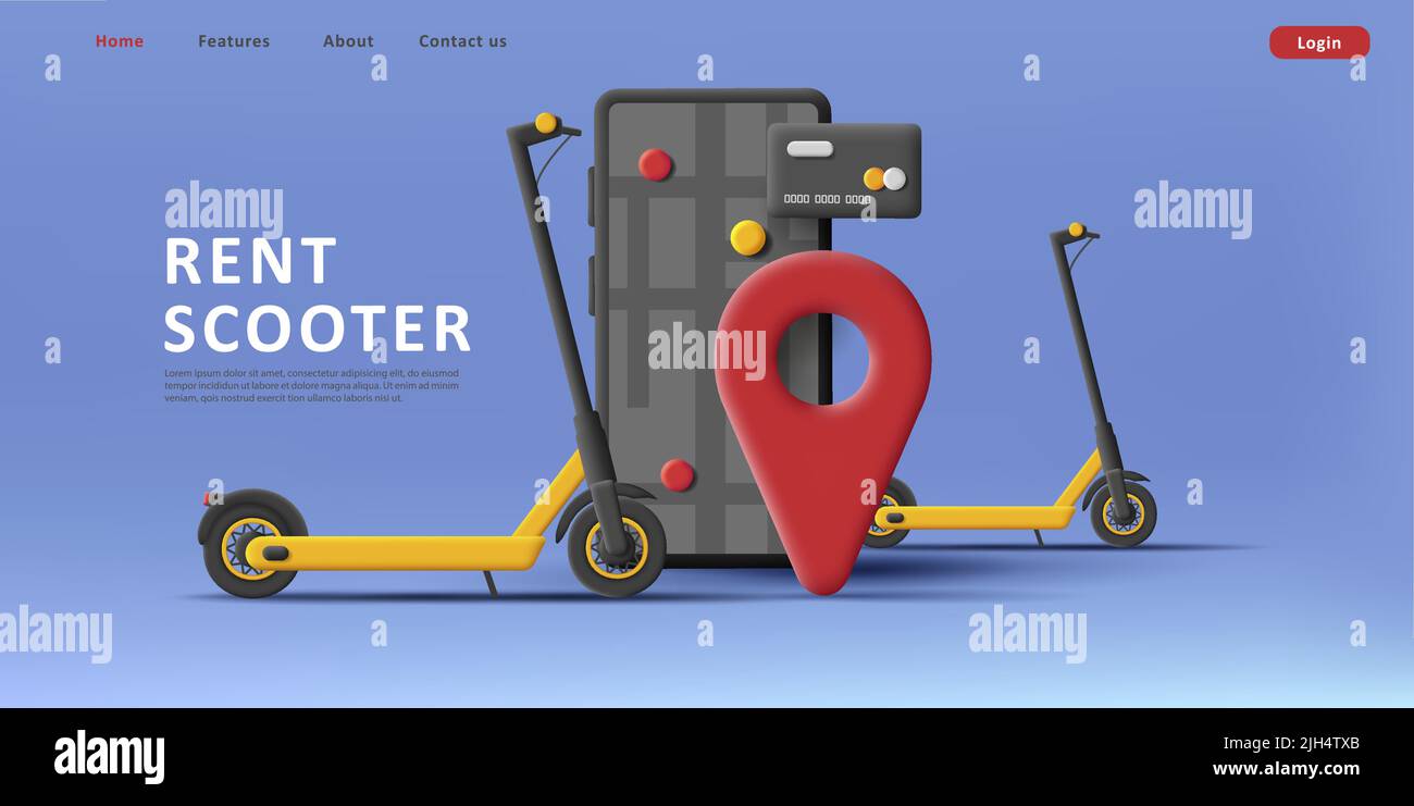 Noleggia un banner promozionale con 3D smartphone e scooter con carta di credito Illustrazione Vettoriale