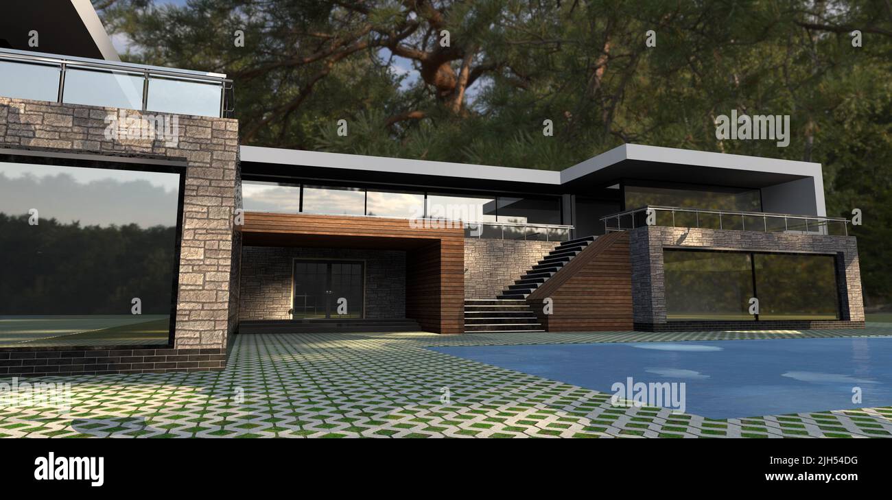 Splendida casa high-tech in una pineta. Finiture esterne in ardesia e pannelli per facciate. Pavimentatori ripidi e una bella piscina d'acqua blu. 3d rendering. Foto Stock