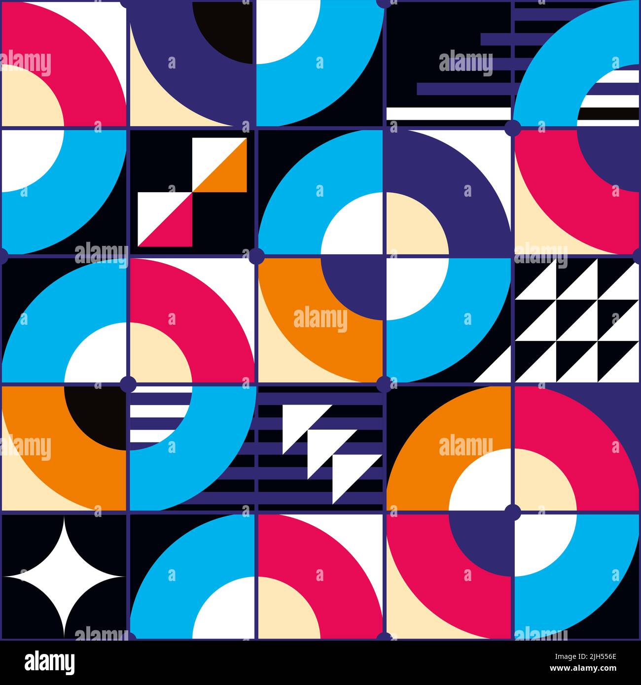 Motivo senza cuciture vettoriale retrò ispirato a Bauhaus - design retrò geometrico con cerchi, triangoli, linee e quadrati in rosa e blu navy Illustrazione Vettoriale