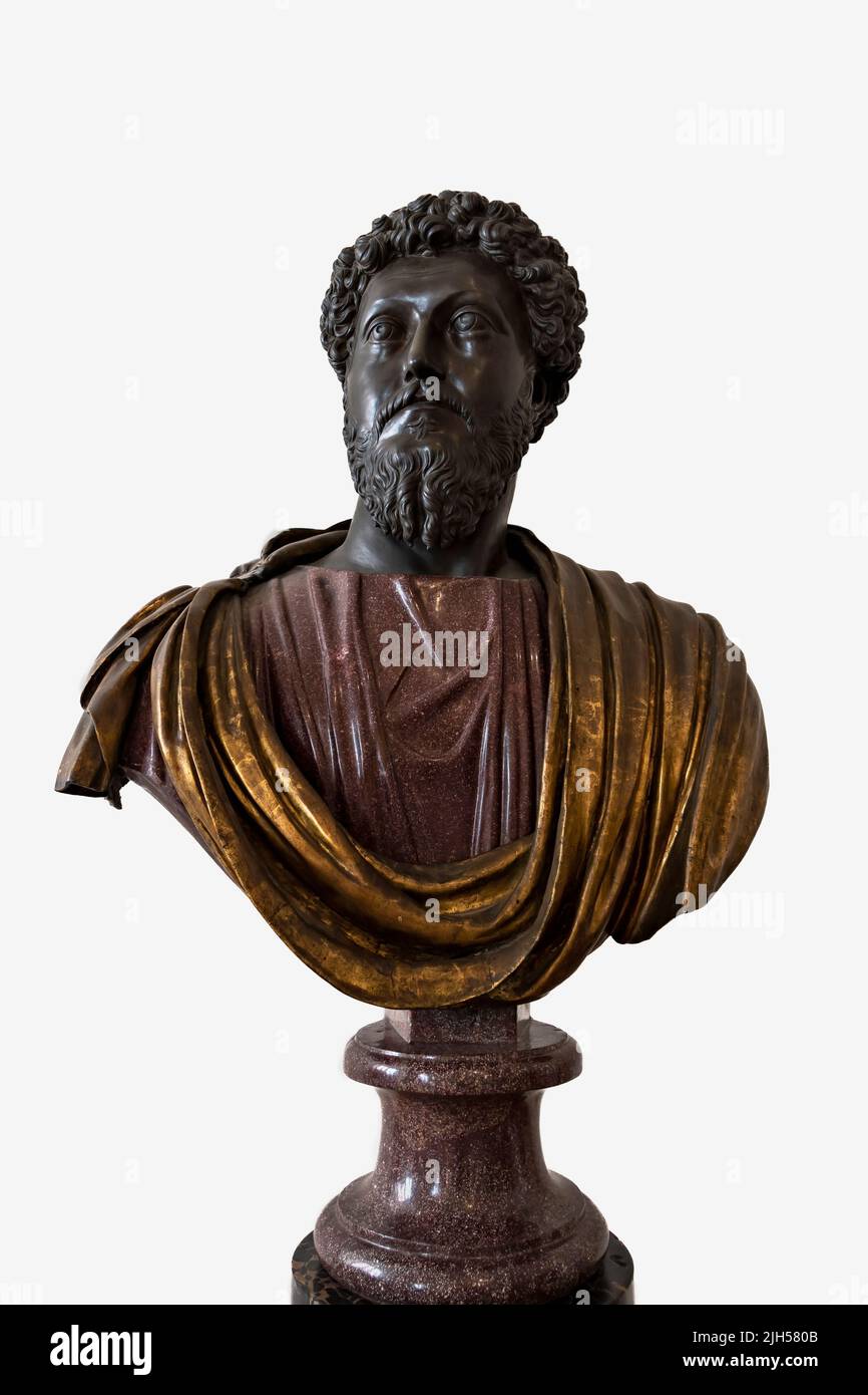 Busto dell'imperatore romano Marco Aurelio, in mostra nel Museo Nazionale Romano Palazzo Altemps. Roma, Italia, Europa, UE. Foto Stock
