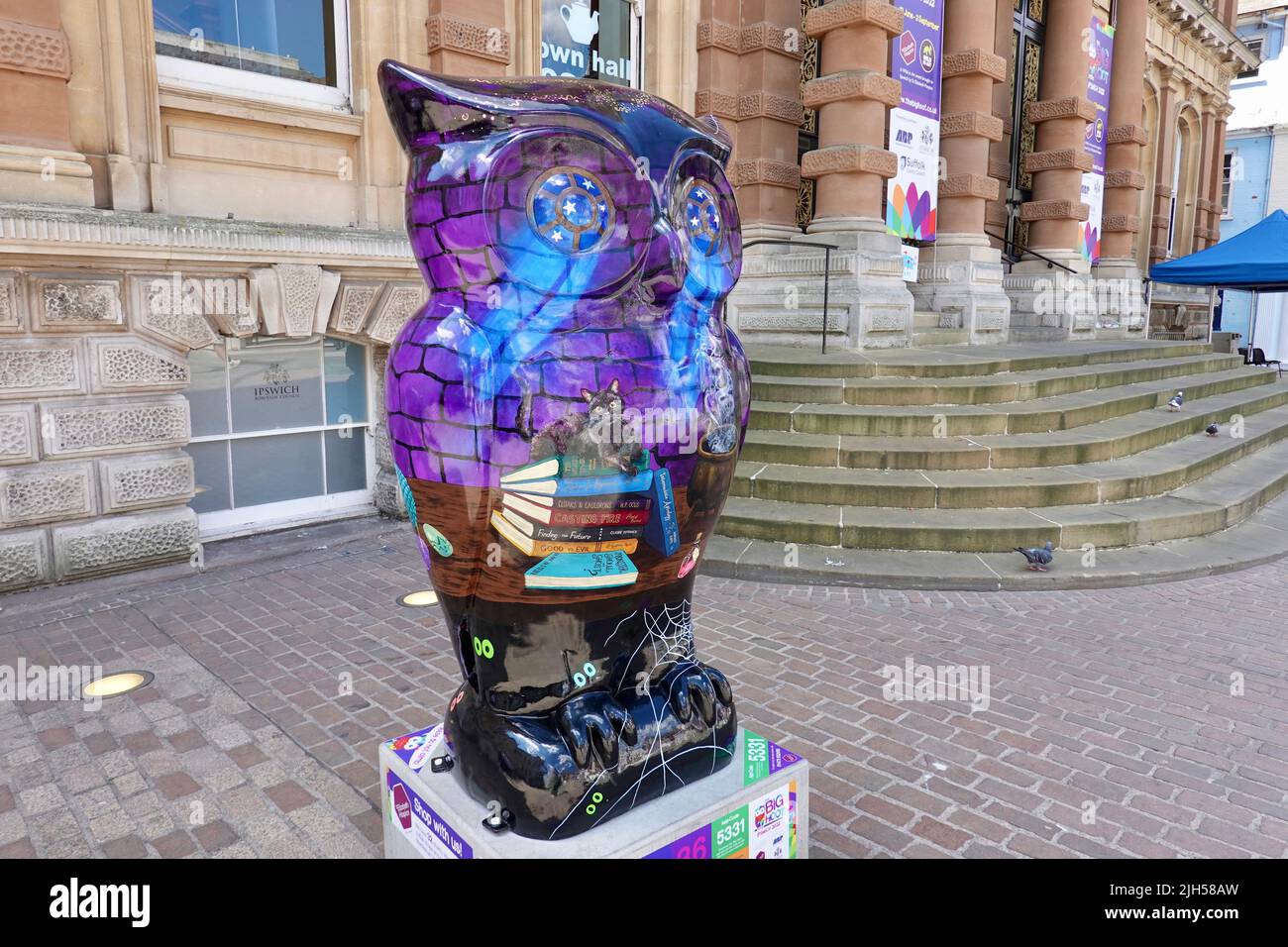 Ipswich, Suffolk, Regno Unito - 15 luglio 2022: Il sentiero del gufo Big Hoot in aiuto di ospizio St Elizabeth. Alakazam di Jina Gelder alla Cornhill. Foto Stock