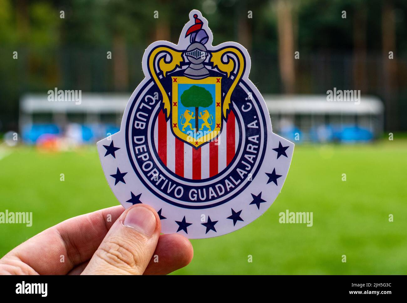 30 agosto 2021, Mosca, Russia. L'emblema del club di calcio Deportivo Guadalajara sullo sfondo del prato verde dello stadio. Foto Stock