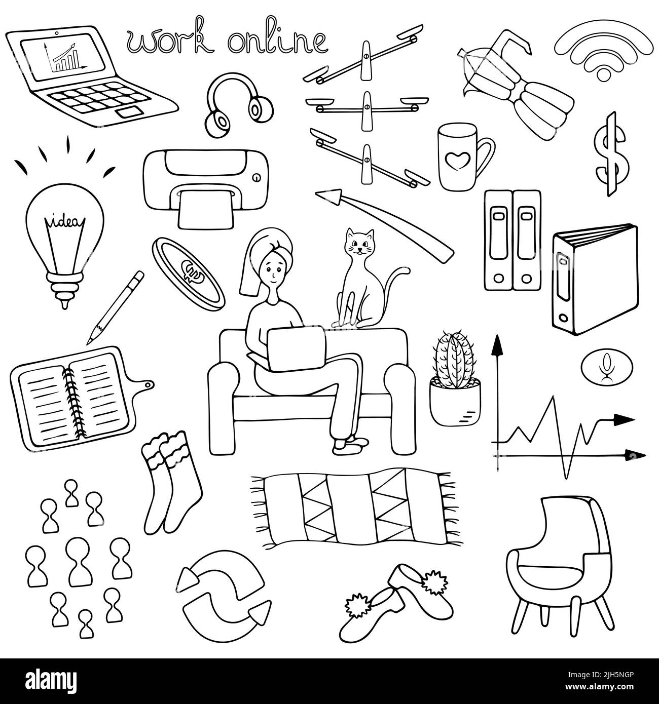 Lavora online. Ufficio domestico. Gruppo di elementi vettoriali. Contorno su sfondo bianco isolato. Stile Doodle. Schizzo. Libro da colorare. Collezione aziendale. Illustrazione Vettoriale